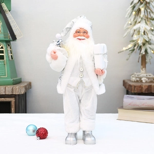 Standing 46cm silver and white Santa Claus figurine with gift bag for Christmas decor