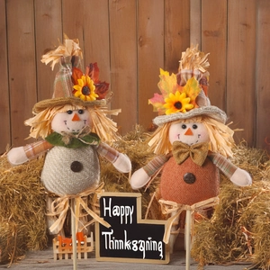 Harvest Scarecrow boy and girl figurines for Thanksgiving autumn home and garden decor