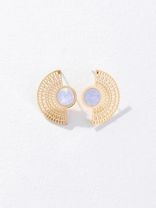 Elegant gold fan-shaped stud earrings with light purple shell inlay for women