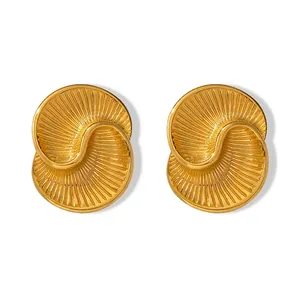 Detailed view of titanium steel gold earrings with spiral texture and size specifications