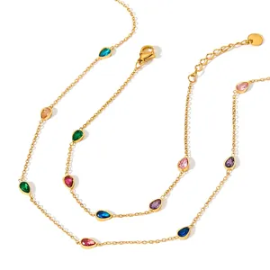 Waterdrop Pear Shaped Colorful Zircon Necklace Bracelet Anklet Stainless Steel Jewelry For Women Girls Elegant Daily Gift