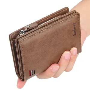 Brown leather vertical short wallet for men with multi-card slots and side zipper