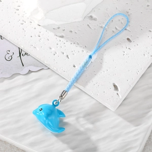 Cute blue whale dolphin charm with bell and sky blue woven lanyard for phone decoration