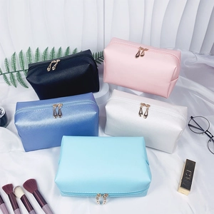 Makeup Bag PU Leather Portable Zippered Cosmetic Pouch Artificial Pearl Rhinestone Letter Bride Mrs Wedding Travel For Women