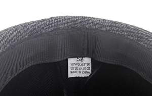 Detail view of the internal size 58 label and 100% polyester fabric on the grey felt hat
