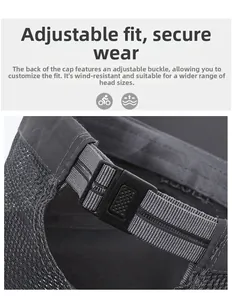 Détail de la boucle réglable et du tissu en maille respirante sur la casquette grise