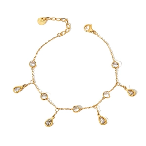 Gold stainless steel tassel anklet with teardrop zircon stones and lobster clasp
