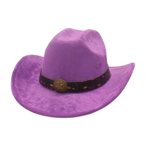 Détail macro du chapeau de cowboy violet en daim avec bande étoilée métallique
