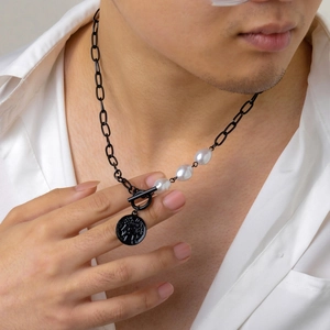 Men's black chain necklace with white pearls and portrait coin pendant, punk style