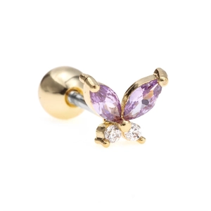 Minimalist butterfly cartilage stud earring with purple marquise zircon and screw ball back