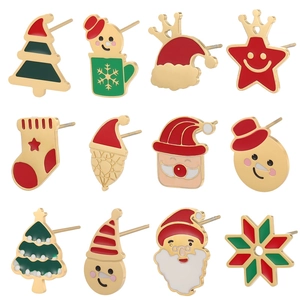 Boucles D'Oreilles Puces Noël Acier Inoxydable Plaqué Or 14K Émail Père Noël Bonhomme De Neige Bijoux Fête Femmes