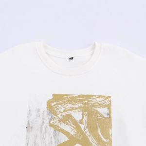 White crewneck sweatshirt for women with abstract gold and grey metallic art print