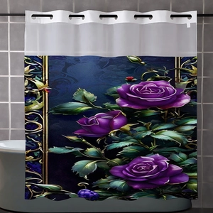 Close-up of waterproof polyester shower curtain with purple roses and vintage patterns