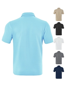Detailed waffle knit texture of a men's short sleeve polo shirt in diverse colors