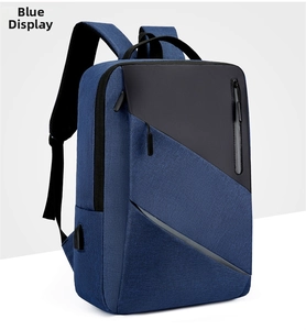 Detail view of navy business laptop backpack with USB port and reflective strip safety feature