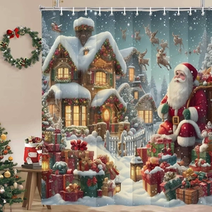 Detail of Christmas shower curtain with Santa Claus and reindeer theme in bathroom
