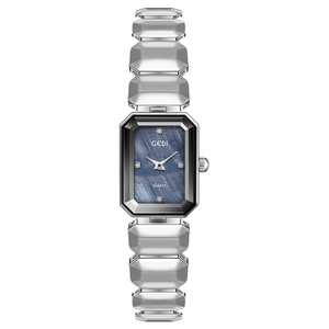 Elegant silver square watch for women with a dark textured dial and metallic geometric strap