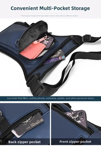 Detail view of multi-pocket waterproof leg bag showing storage for iPad mini and phone