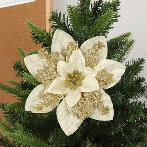 Champagne gold glitter Christmas flower decoration for tree with double-layered petals