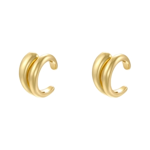 Detailed close-up of double-layer gold C-shaped non-pierced clip-on ear cuffs with a smooth finish