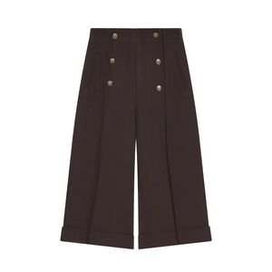 Pantaloni A Gamba Larga Corti Donna Vita Alta Doppio Petto Bottoni Dorati Pantaloni Casual In Poliestere Con Risvolto