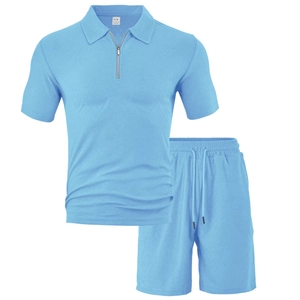 Men's light blue casual polo set with zipper neckline and textured knit jacquard pattern
