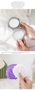 Macro detail of laser leather shell-shaped mirror with 2x magnification and dual side view