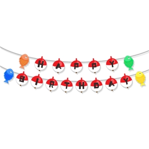 Fishing themed happy birthday banner with colorful fish and float shapes for party decoration