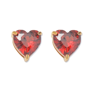 Detailed view of red heart-shaped zircon earrings with gold-plated three-prong setting