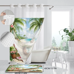 Tropical beach scene waffle shower curtain with matching floor mat in a modern bathroom