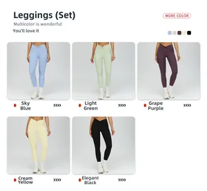 Macro detail of high-waist yoga leggings showing V-cut waist and various pastel colors