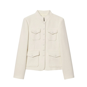 Giacca Blazer In Tweed Da Donna Collo Alto Maniche Lunghe Elegante Abbottonata Tasche Bianco Crema Pendolare
