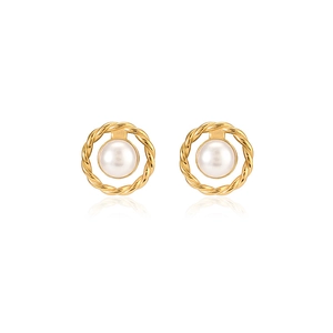 Elegant gold twisted circle stud earrings with center white pearl on a reflective background