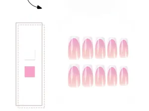 Detailed view of long square French press-on nails with white and pink gradient