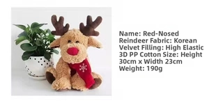 Close-up of reindeer plush toy with red snowflake scarf, soft fabric and PP cotton detail