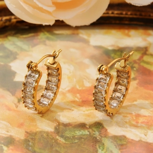 18k gold plated stainless steel C-shaped hoop earrings with baguette cut zircon stones
