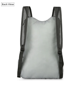 Rear view of lightweight folding backpack with grey ripstop fabric and mesh straps