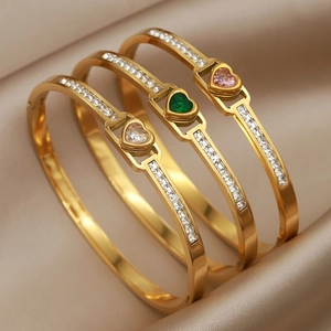 Heart Cubic Zirconia Bangle Bracelet Titanium Steel Gold Plated Baguette Stone Fashion Cuff Jewelry For Women