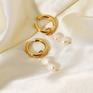 18K gold plated hoop earrings featuring elegant double freshwater baroque pearl pendants