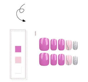 Close-up of short square press-on nails in purple, pink, and silver glitter styles