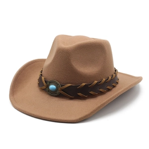 Detail of western felt cowboy hat featuring woven leather band and turquoise stone accent