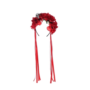 Halloween headband with red roses, silver skull, white pearls and long red ribbons