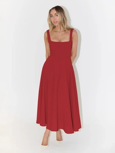 Front view detail of a dark red French style maxi dress with square neck and A-line skirt