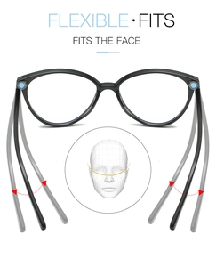 Flexible black cat-eye glasses frame featuring wide-angle bending temples for comfort