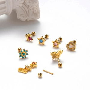 Golden stainless steel cartilage studs with colorful zircon in butterfly and star shapes