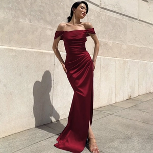 Vestito Da Sera In Raso Spalle Scoperte Arricciato Alto Spacco Lacci Vita Alta Elegante Tinta Unita Lungo Maxi