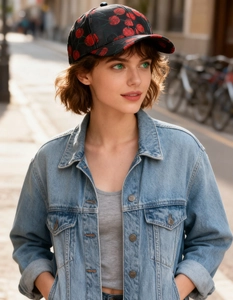 Close-up of cherry embroidery on a black baseball cap with a denim jacket aesthetic