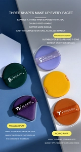Detailed view of colorful makeup puffs in various shapes with English usage instructions