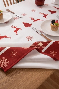 Close-up of waterproof polyester Christmas tablecloth with reindeer and snowflake prints
