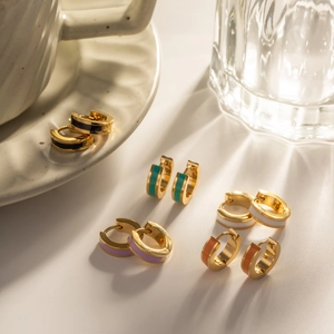 Set of five pairs of 18K gold plated stainless steel hoop earrings with colorful enamel fill